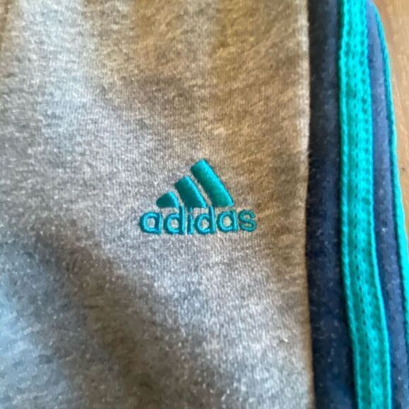 Adidas Hooded ￼Warm Up 2 Piece Outfit Gray Navy Teal Neon Green Sweatsuit Sz 12 - Picture 9 of 10